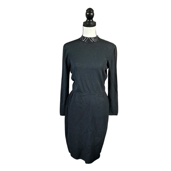 VTG St. John Black Santana Knit Dress Long Sleeve Jeweled Collar Evening Size 6 - Picture 1 of 16